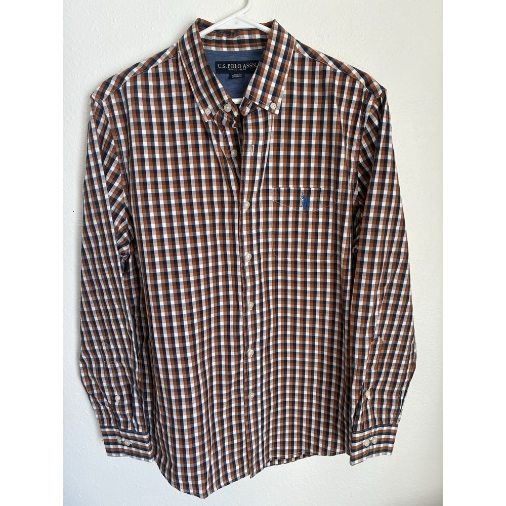US‎ Polo Assn. Men's Long Sleeve Button-Down Shirt Plaid Size M Rust Blue White